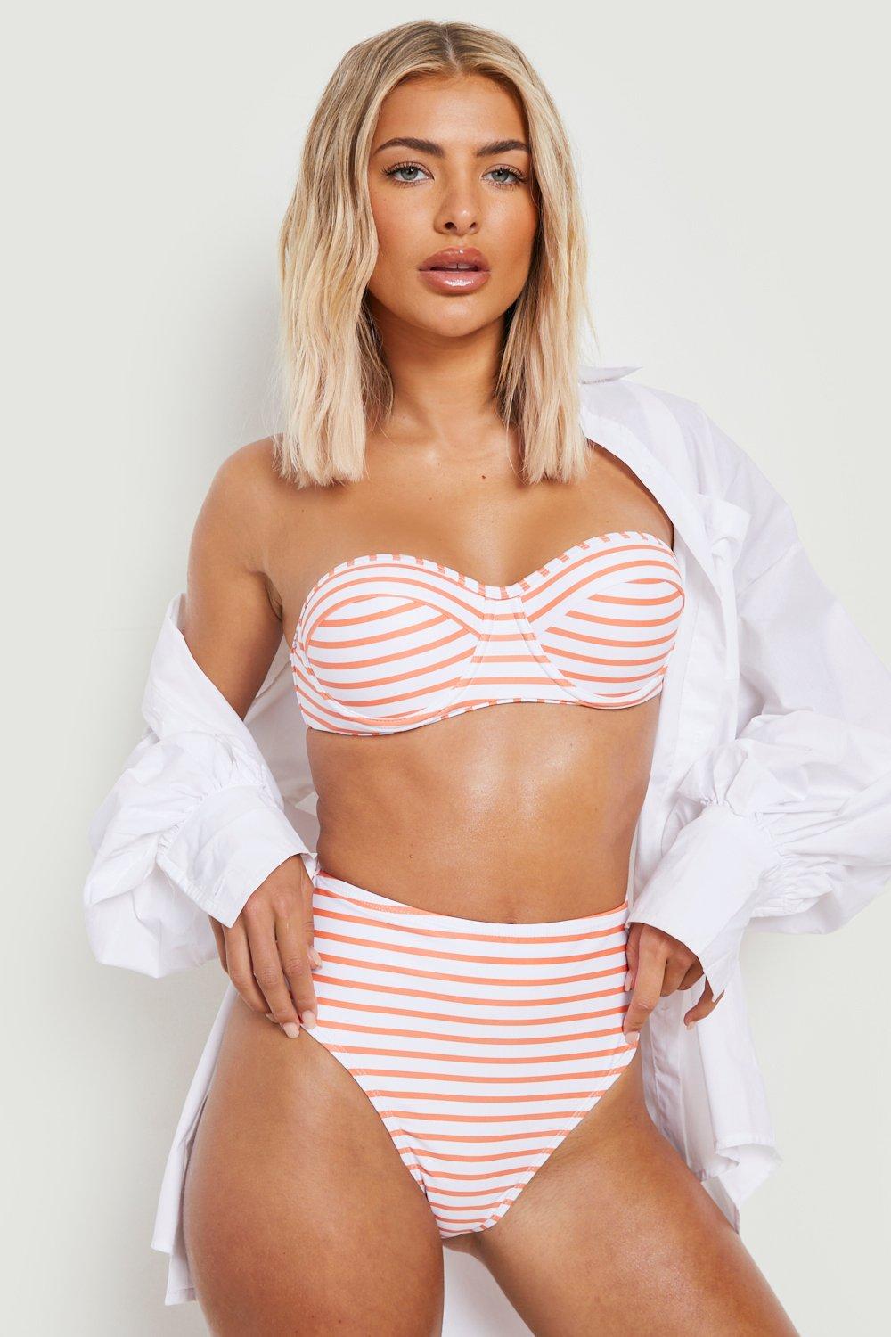Striped 3 Piece Padded Bikini & Sarong Set