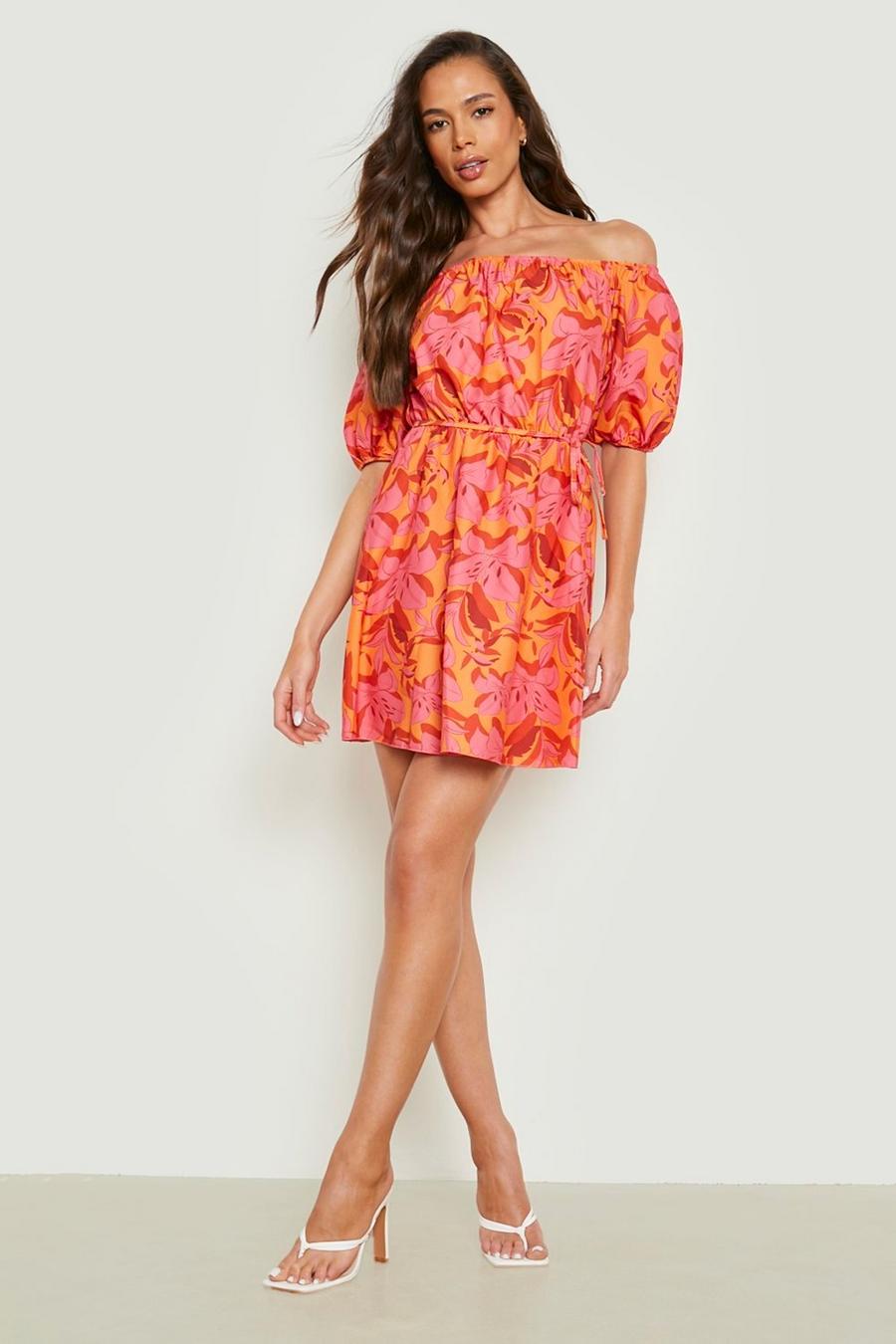 Orange Floral Bardot Smock Dress image number 1