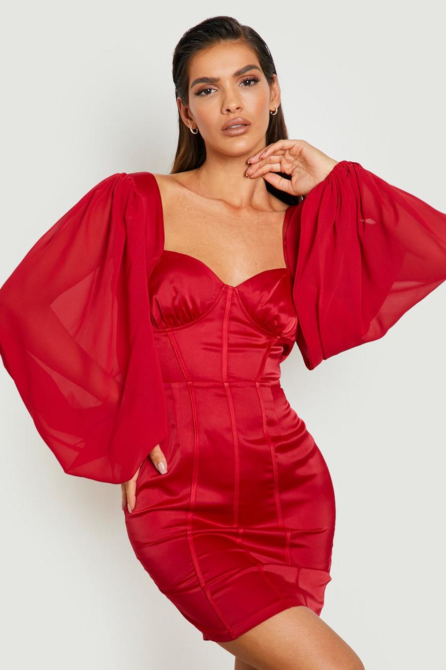 Wine red Satin Corset Detail Puff Sleeve Mini Dress
