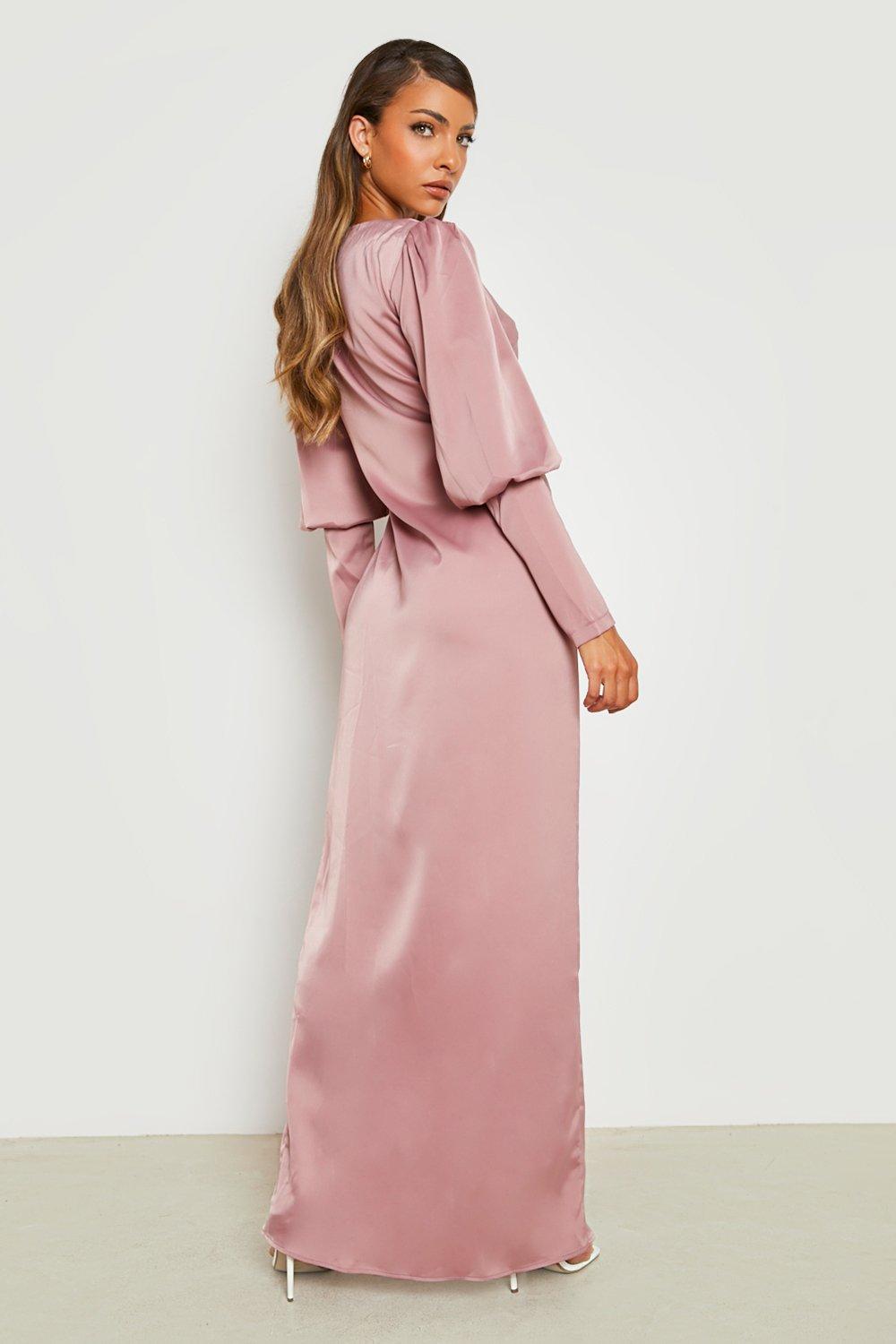 Women s Satin Wrap Puff Sleeve Wrap Maxi Dress Boohoo UK