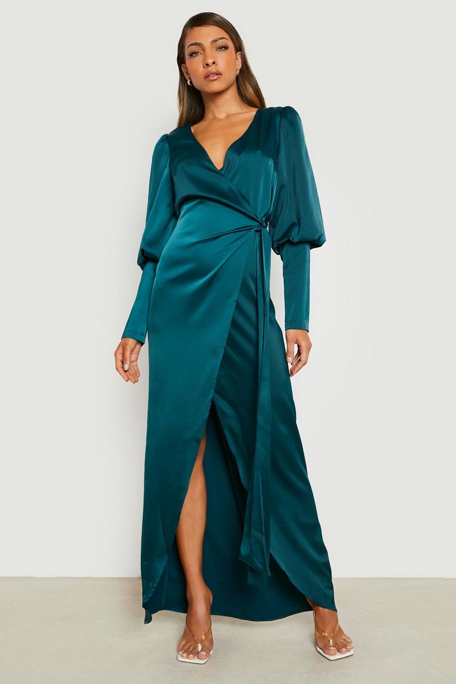 Emerald Satin Wrap Puff Sleeve Wrap Maxi Dress image number 1