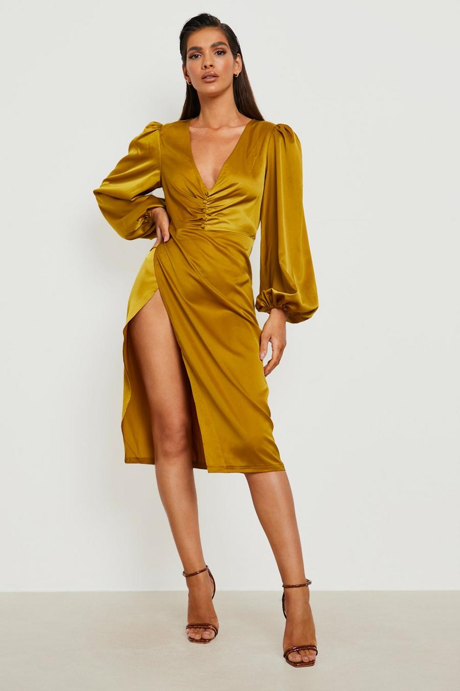 Chartreuse Satin Rouched Plunge Midi Dress image number 1