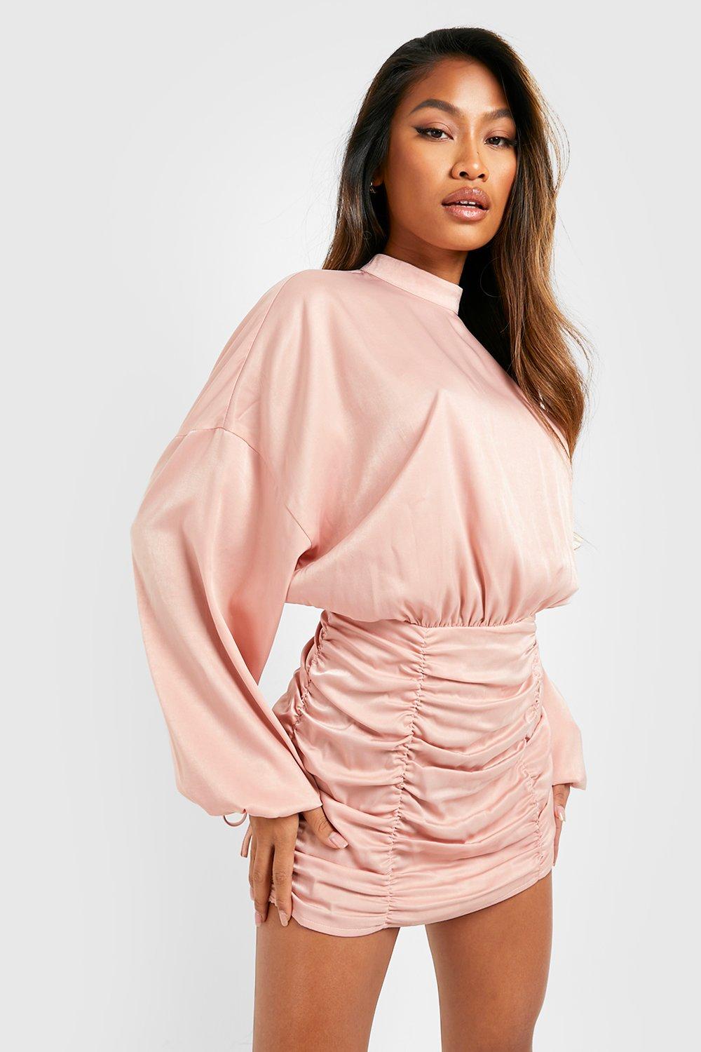 high neck pink satin dress