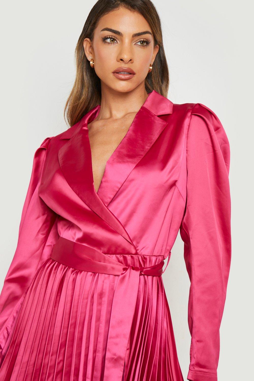 Pink satin cheap pleated dress