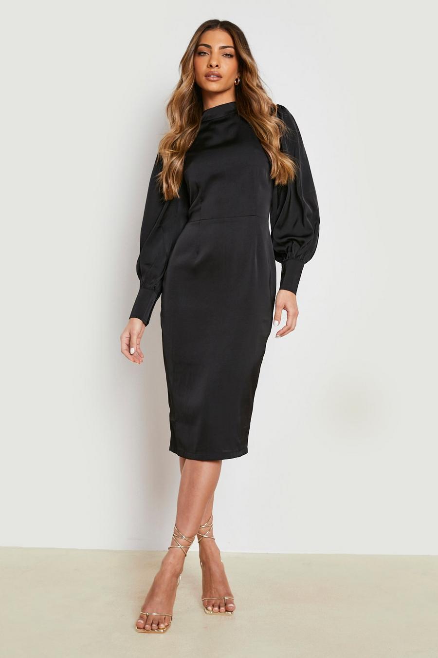 Black Satin High Neck Blouson Sleeve Midi Dress image number 1