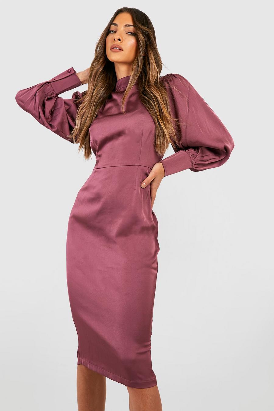 Chocolate Satin High Neck Blouson Sleeve Midi Dress