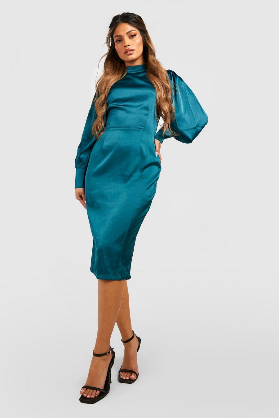 Emerald Satin High Neck Blouson Sleeve Midi Dress image number 1