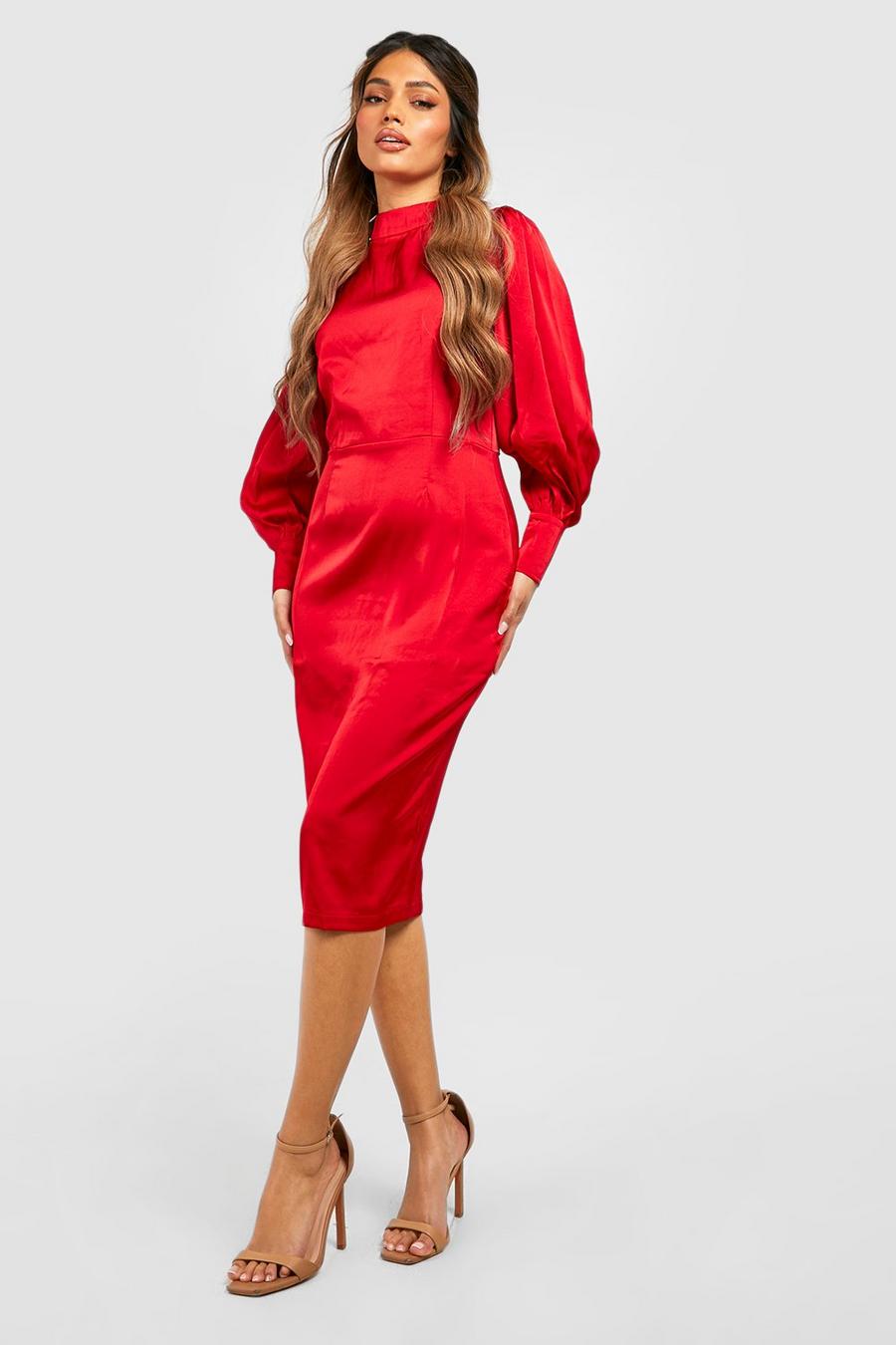 Red Satin High Neck Blouson Sleeve Midi Dress image number 1
