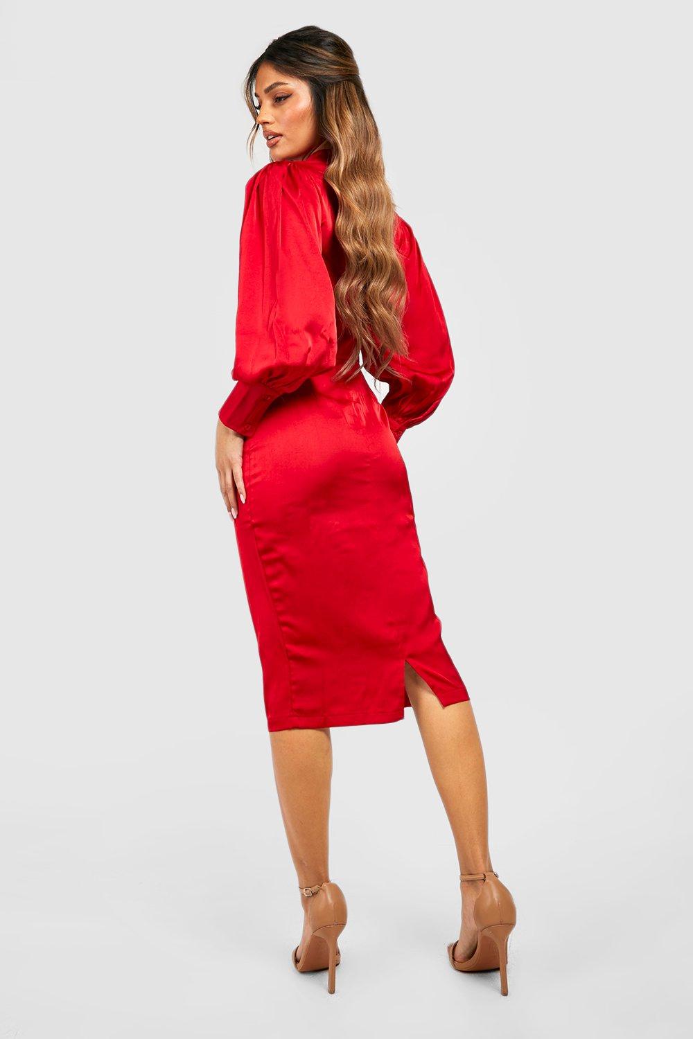 Red satin cheap midi dress