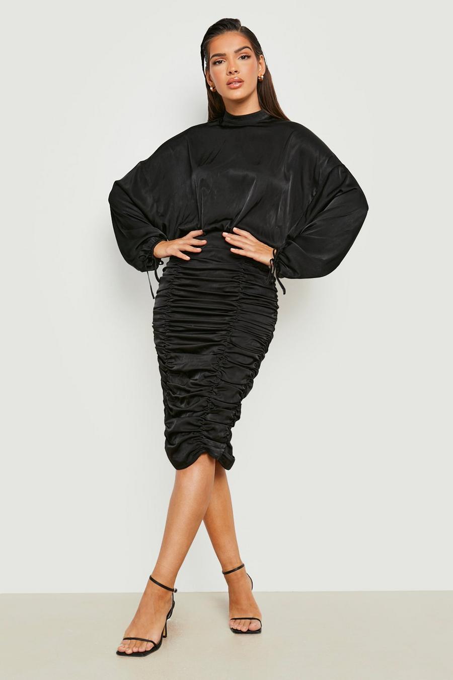 Black Satin Ruched Detail High Neck Midi Dress image number 1