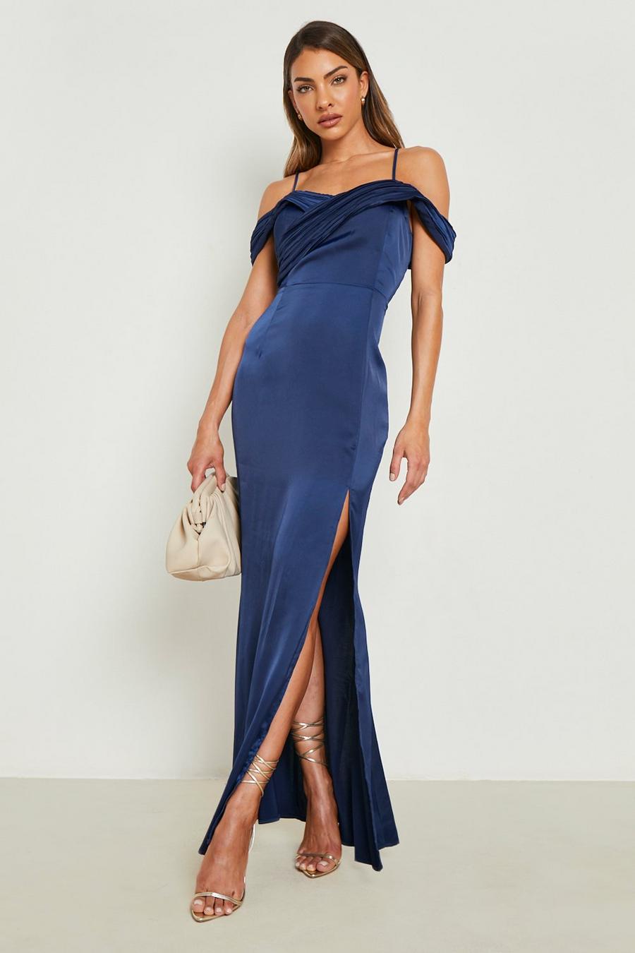 Navy Satin Off The Shoulder Strappy Maxi Dress