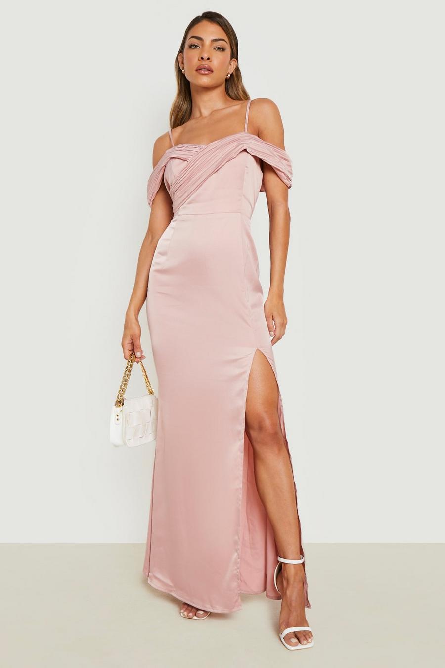 Rose pink Satin Off The Shoulder Strappy Maxi Dress