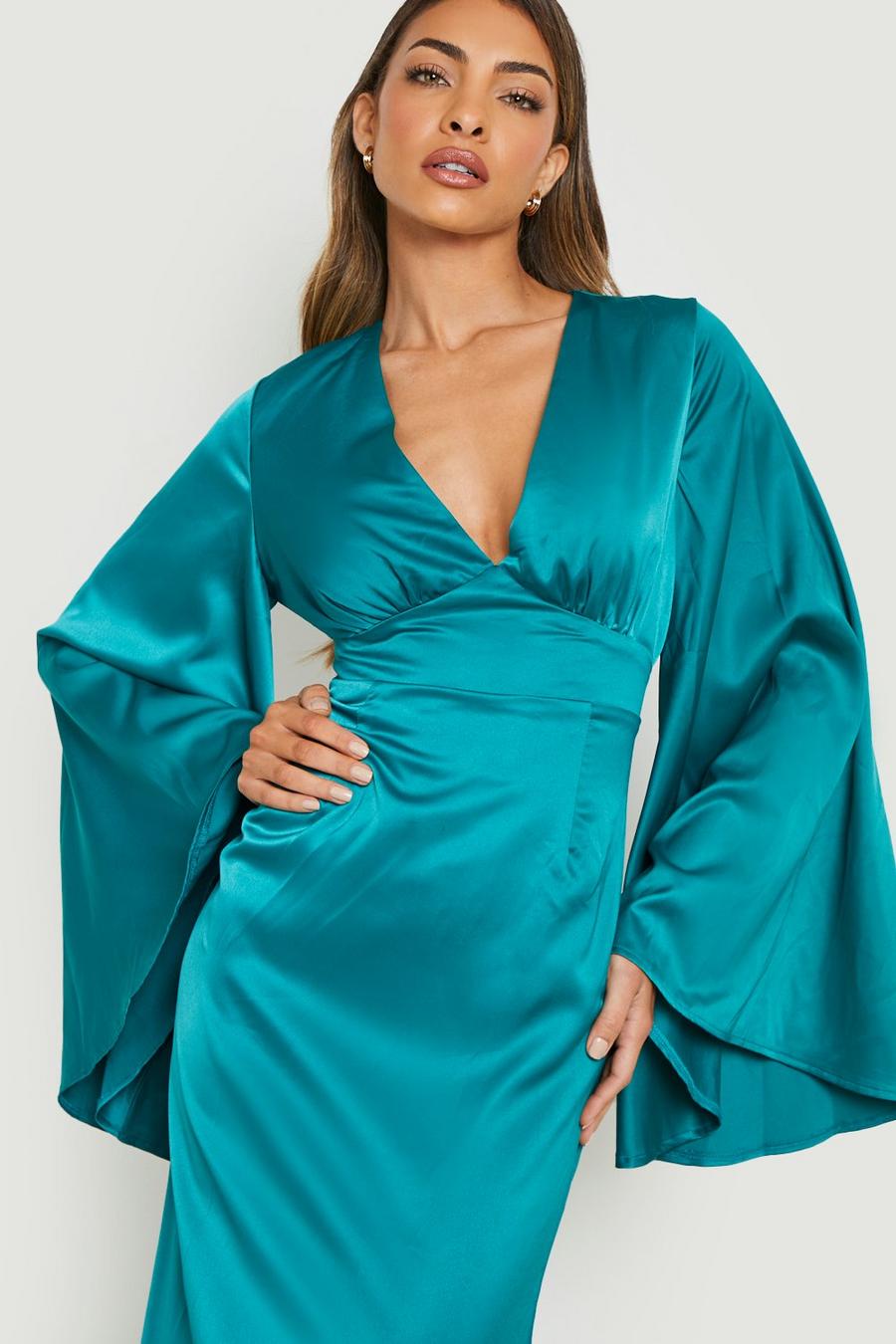 Teal green Satin Open Back Flare Sleeve Maxi Dress image number 1