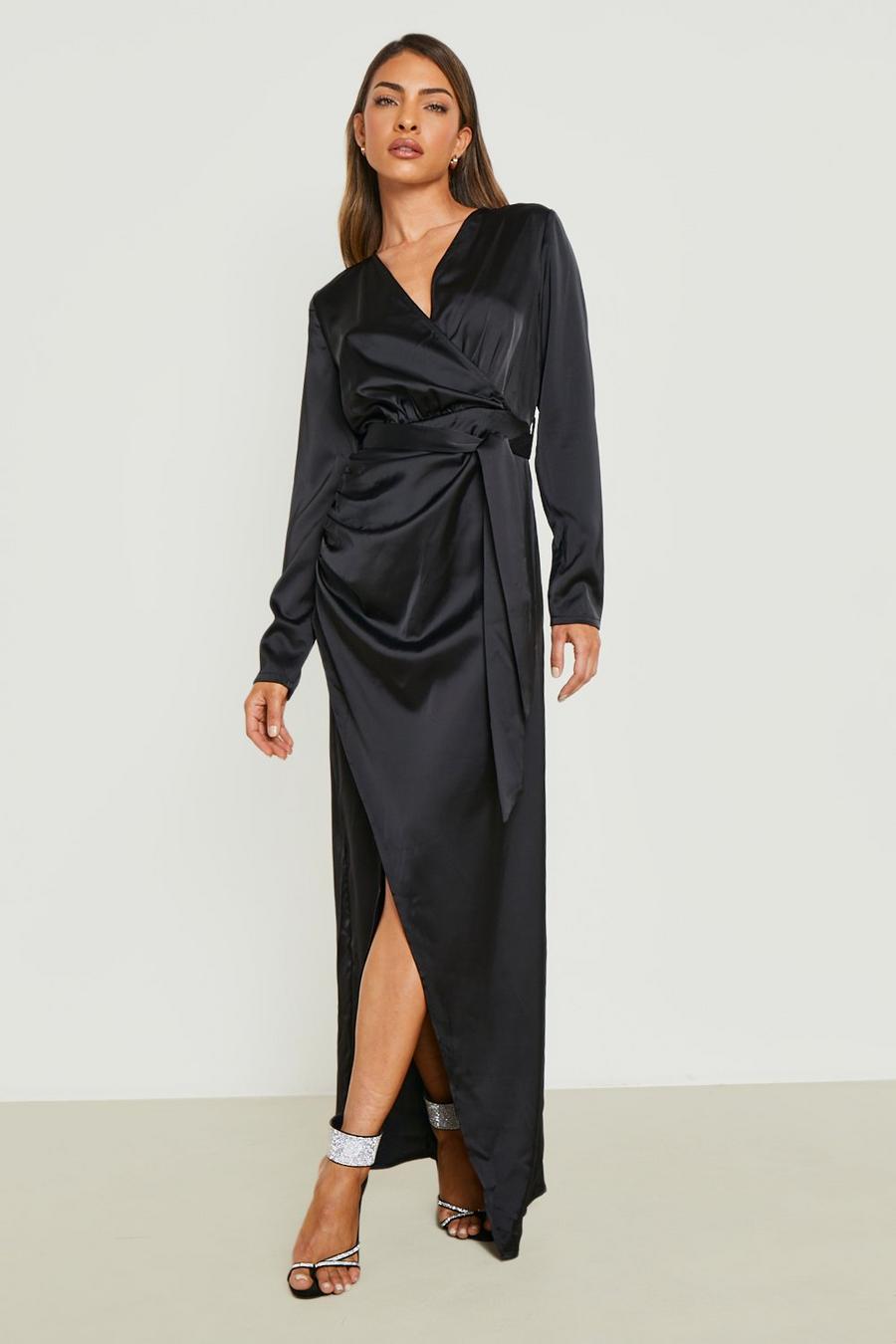 Black Satin Long Sleeve Wrap Front Maxi Dress