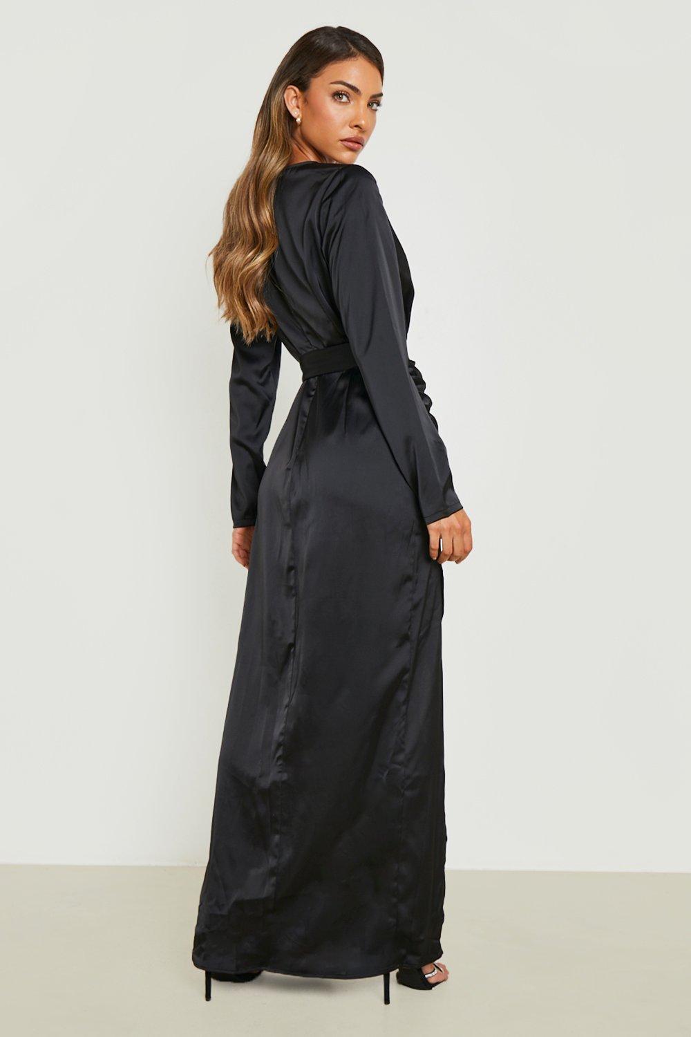 Black Satin Long Sleeve Wrap Dress