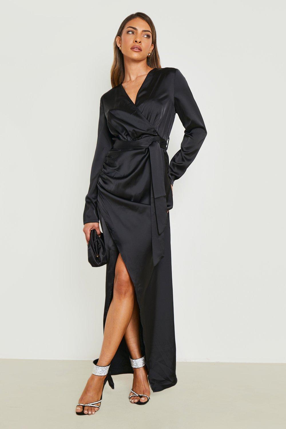 Black Wrap Front Satin Maxi Dress