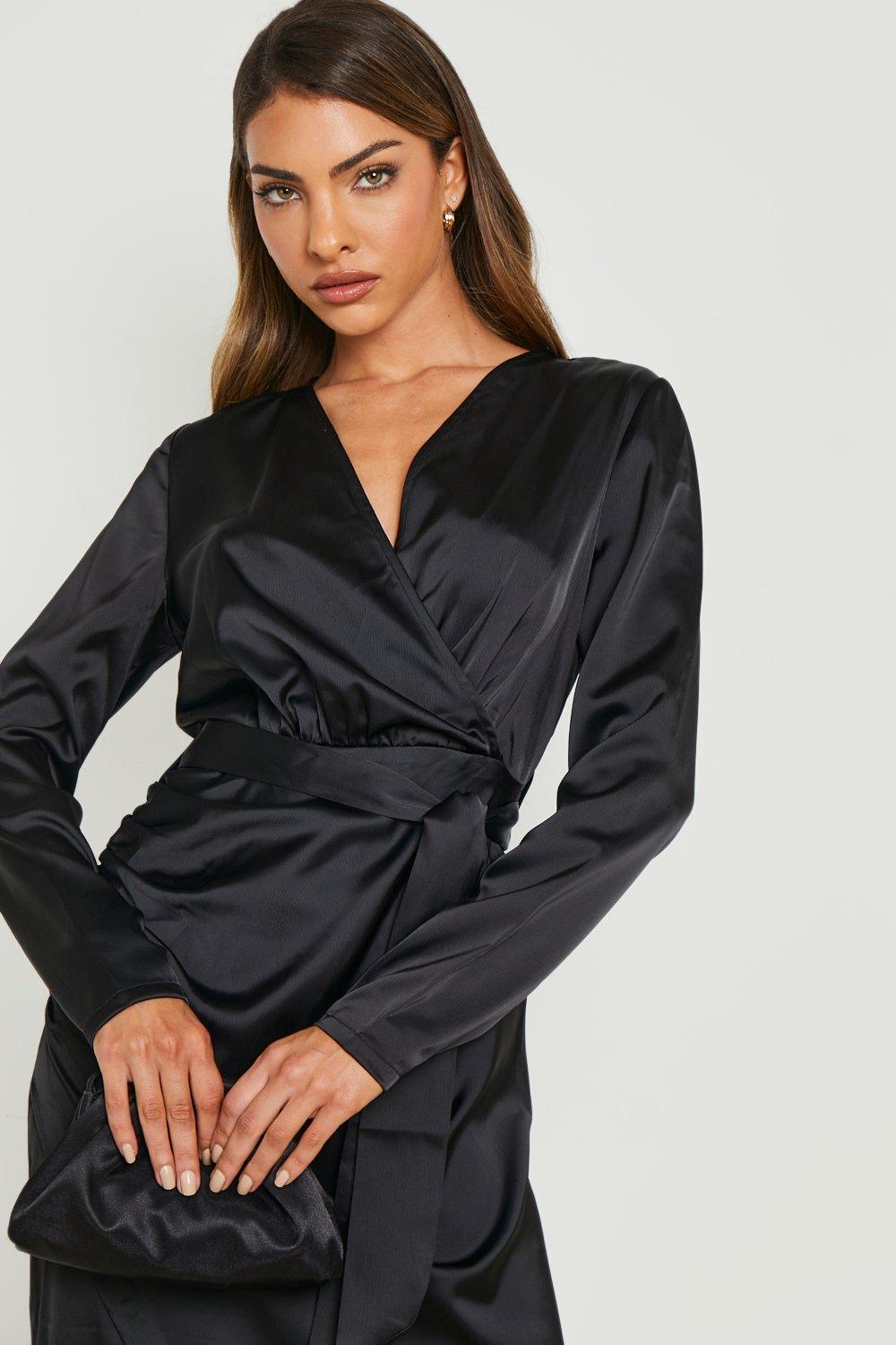 Satin Long Sleeve Wrap Front Maxi Dress boohoo