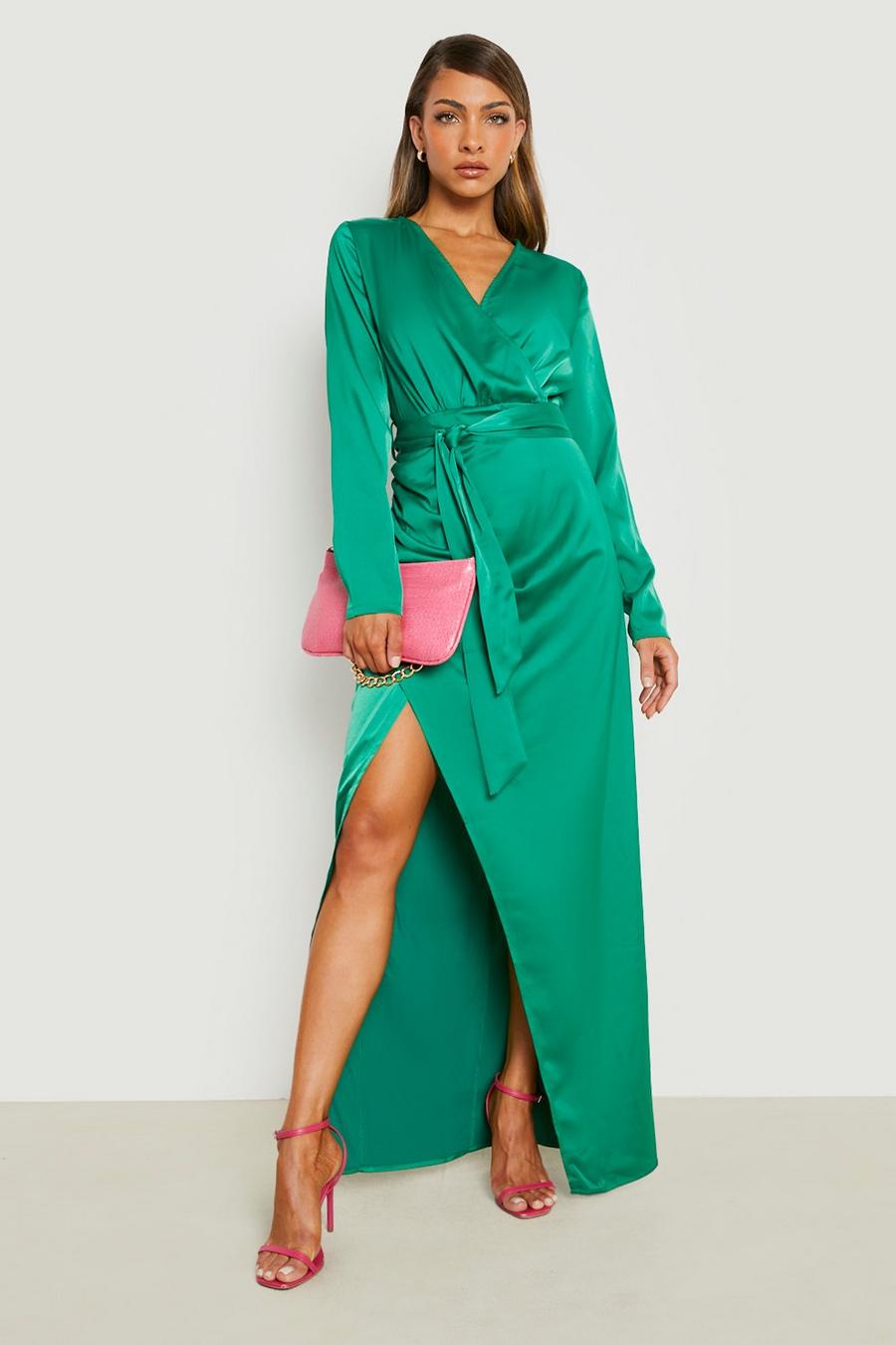 Green Satin Long Sleeve Wrap Front Maxi Dress