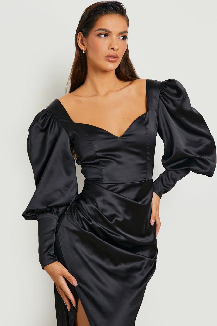 Black Satin Puff Sleeve Wrap Maxi Dress image number 1