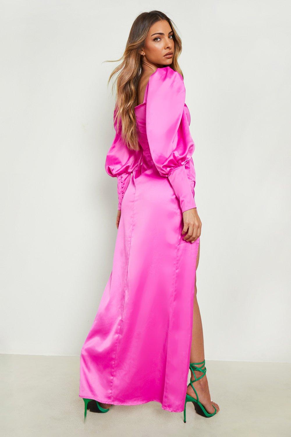 Pink satin outlet dress long sleeve