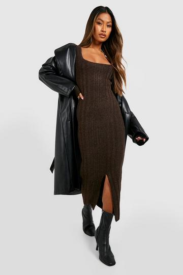 Chocolate Brown Square Neck Mixed Rib Knitted Midi Dress