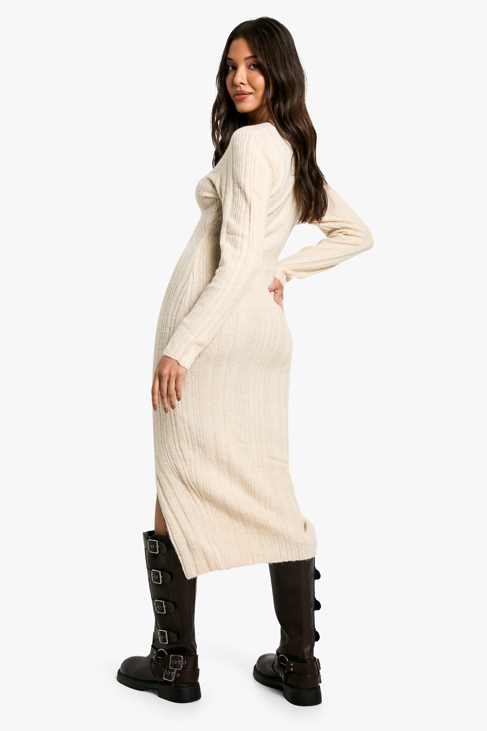 Women s Square Neck Mixed Rib Knitted Midaxi Dress Boohoo UK