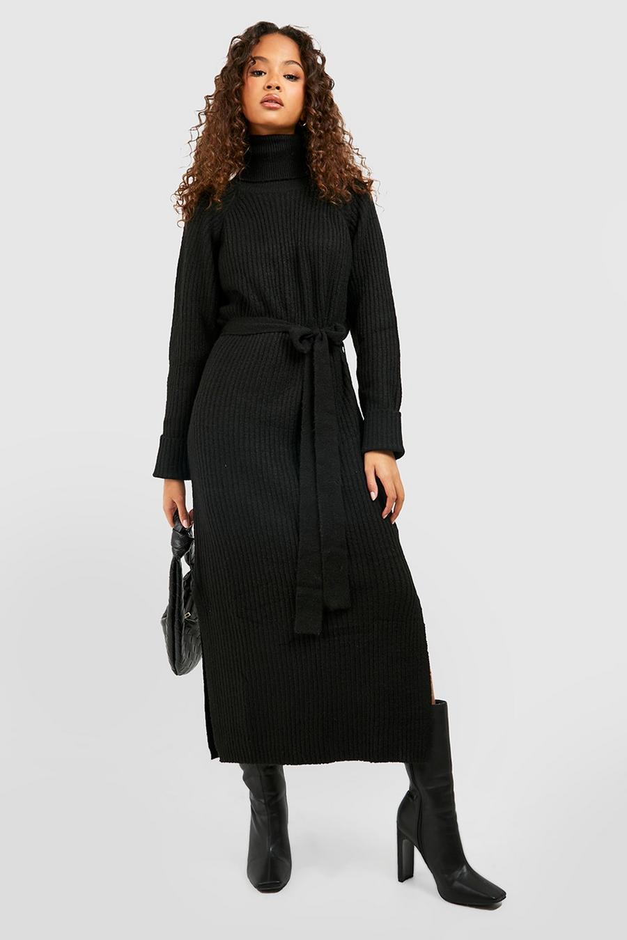 Black Turtleneck Belted Knitted Midi Dress
