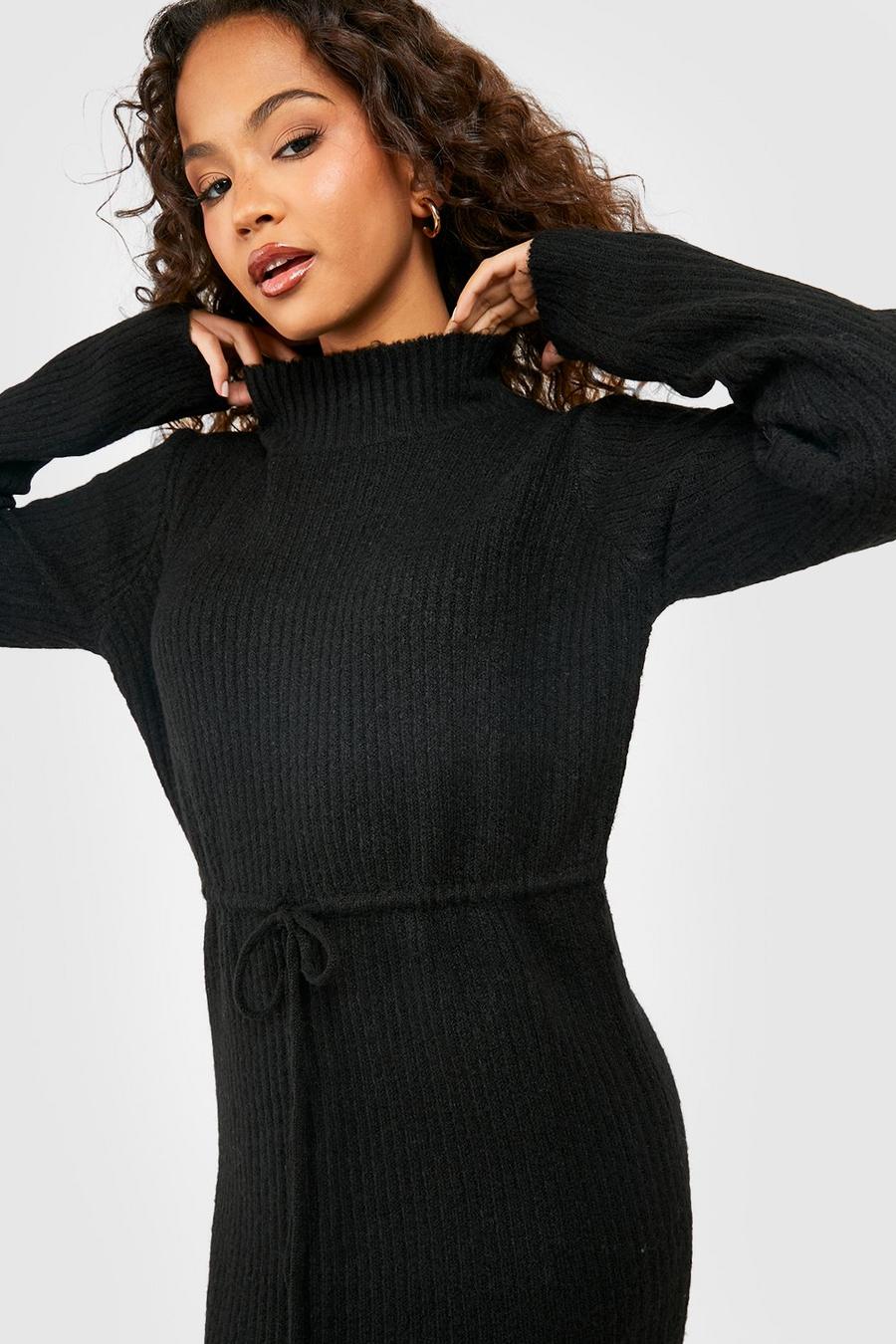 Black Drawstring Waist Knitted Midi Dress