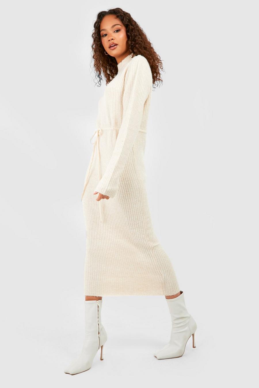 Ecru white Drawstring Waist Knitted Midi Dress