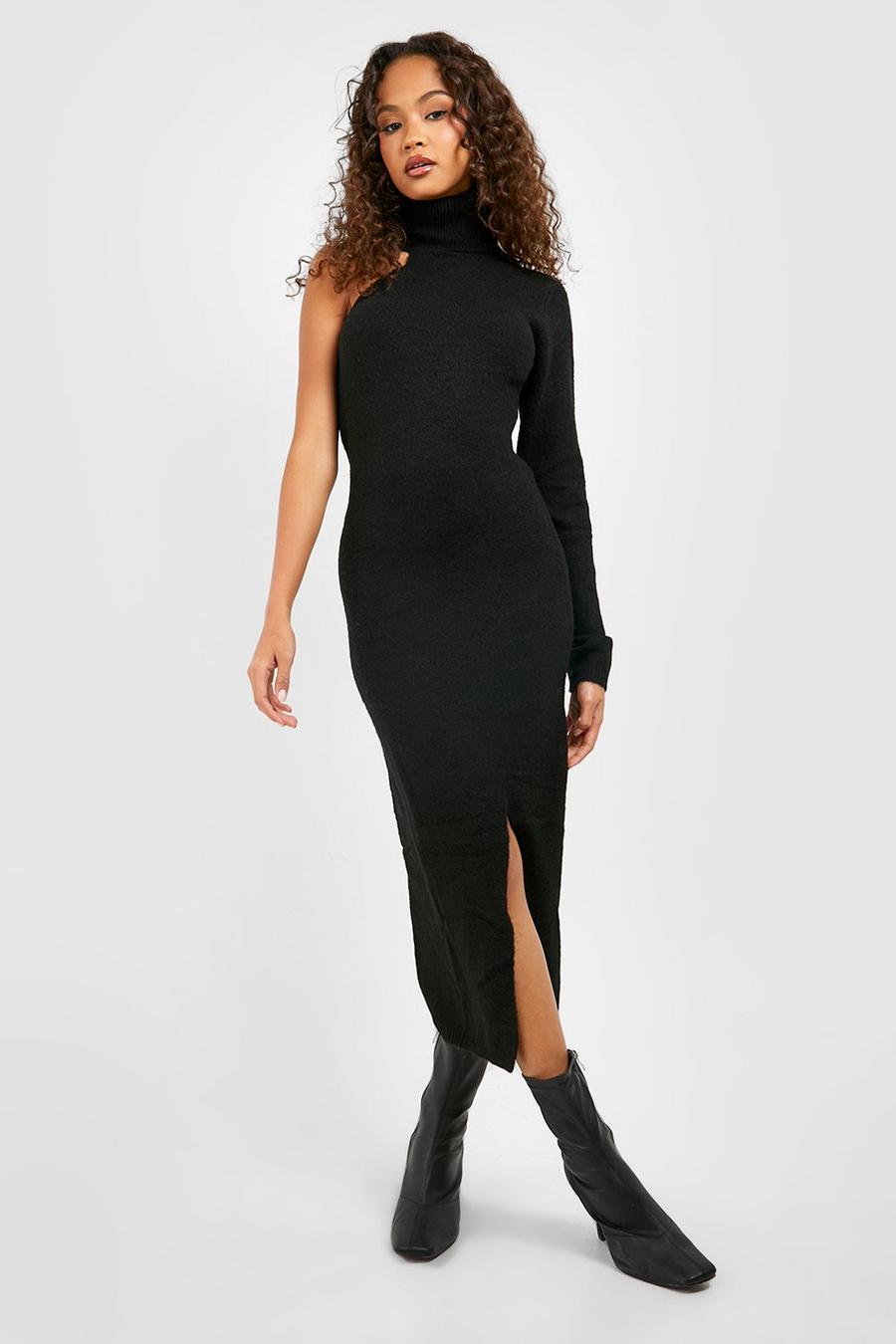 Black Roll Neck Asymmetric Sleeve Midaxi Knit Dress image number 1