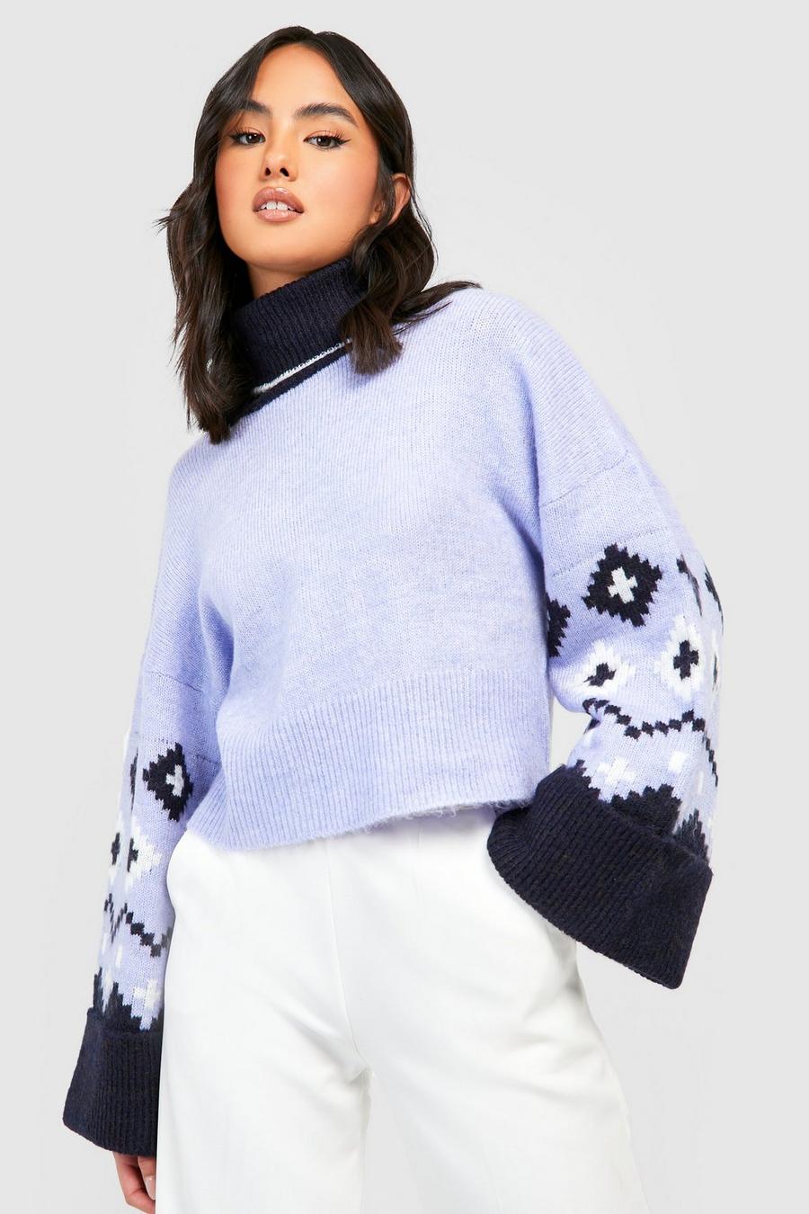 Blue Fairisle Wide Sleeve Knitted Jumper image number 1