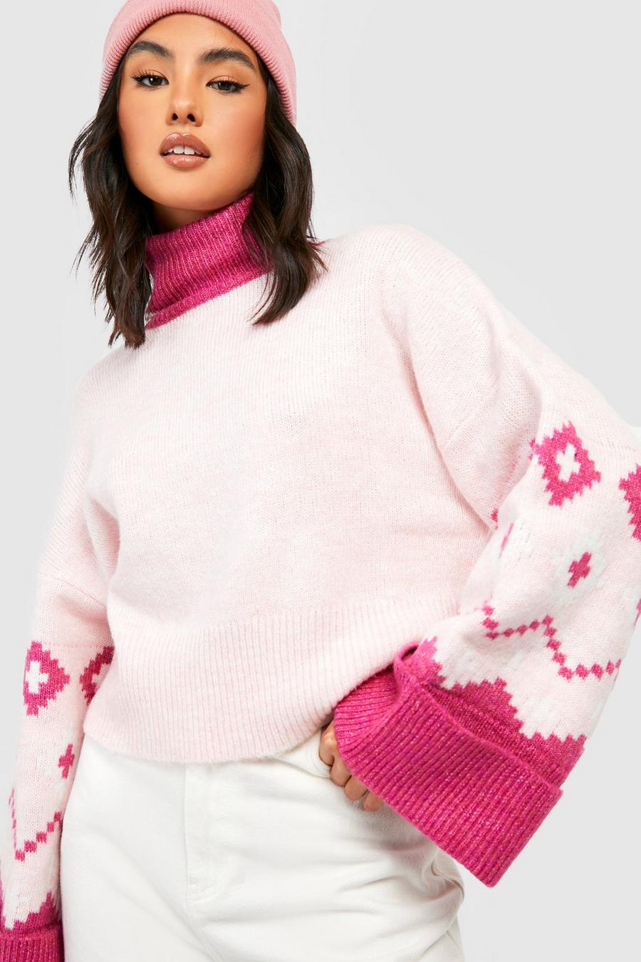 Pink Fairisle Wide Sleeve Knitted Jumper image number 1