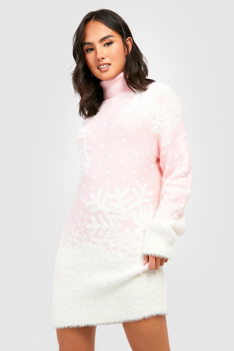 Vestito in maglia con collo alto e fiocchi di neve, Pink rosa