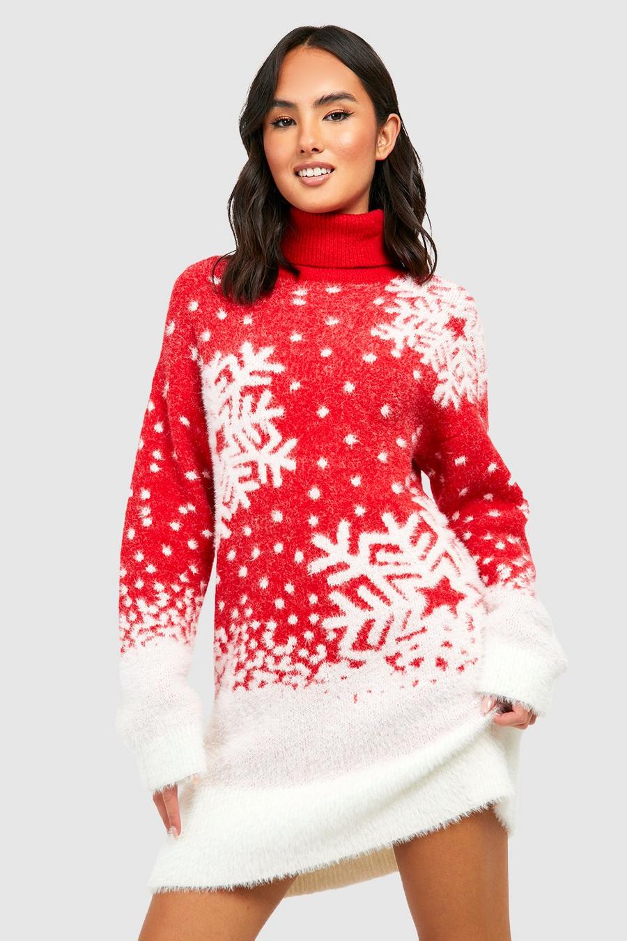 Red Snowflake Fully Knit Roll Neck Jumper Dress
