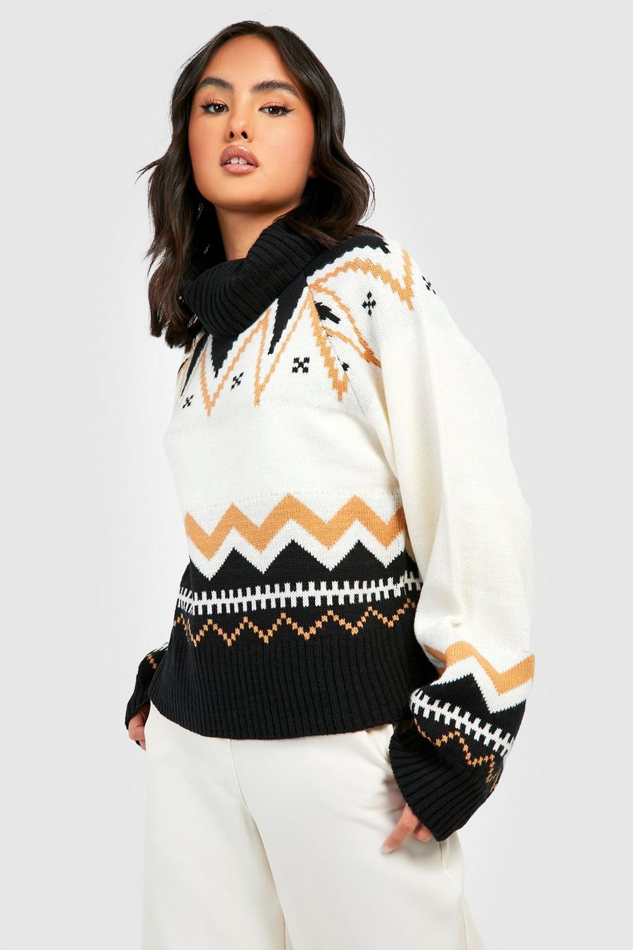 Cream white Turtleneck Geo Fairisle Knitted Sweater image number 1