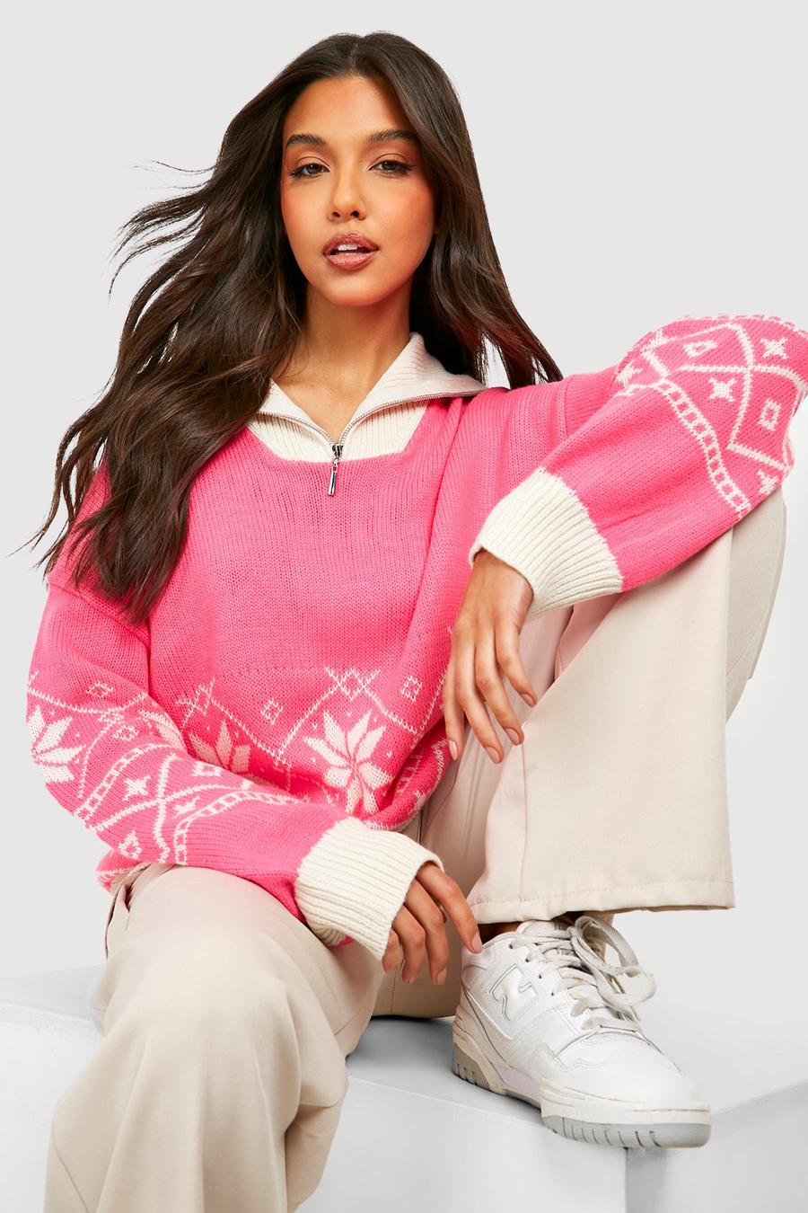 Pink Fairisle Knitted Half Zip Jumper image number 1