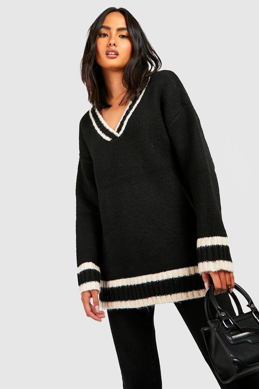 Black Deep V Knitted Cricket Sweater