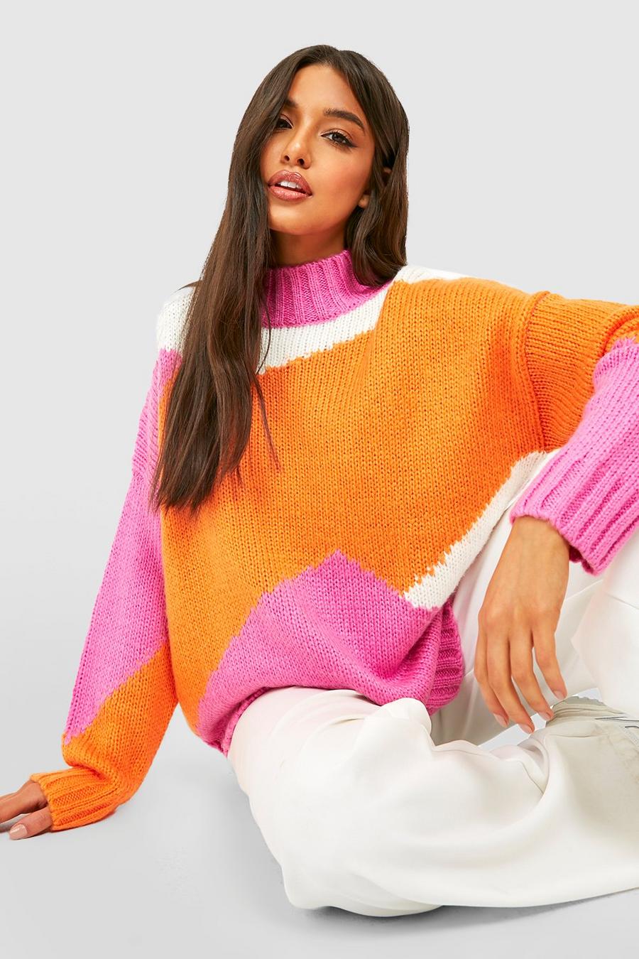 Pink Color Block Crew Neck Knitted Sweater image number 1