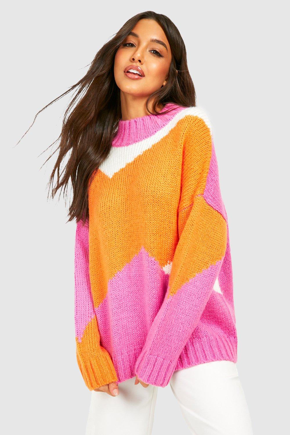 Noisy May color block sweater in orange & pink