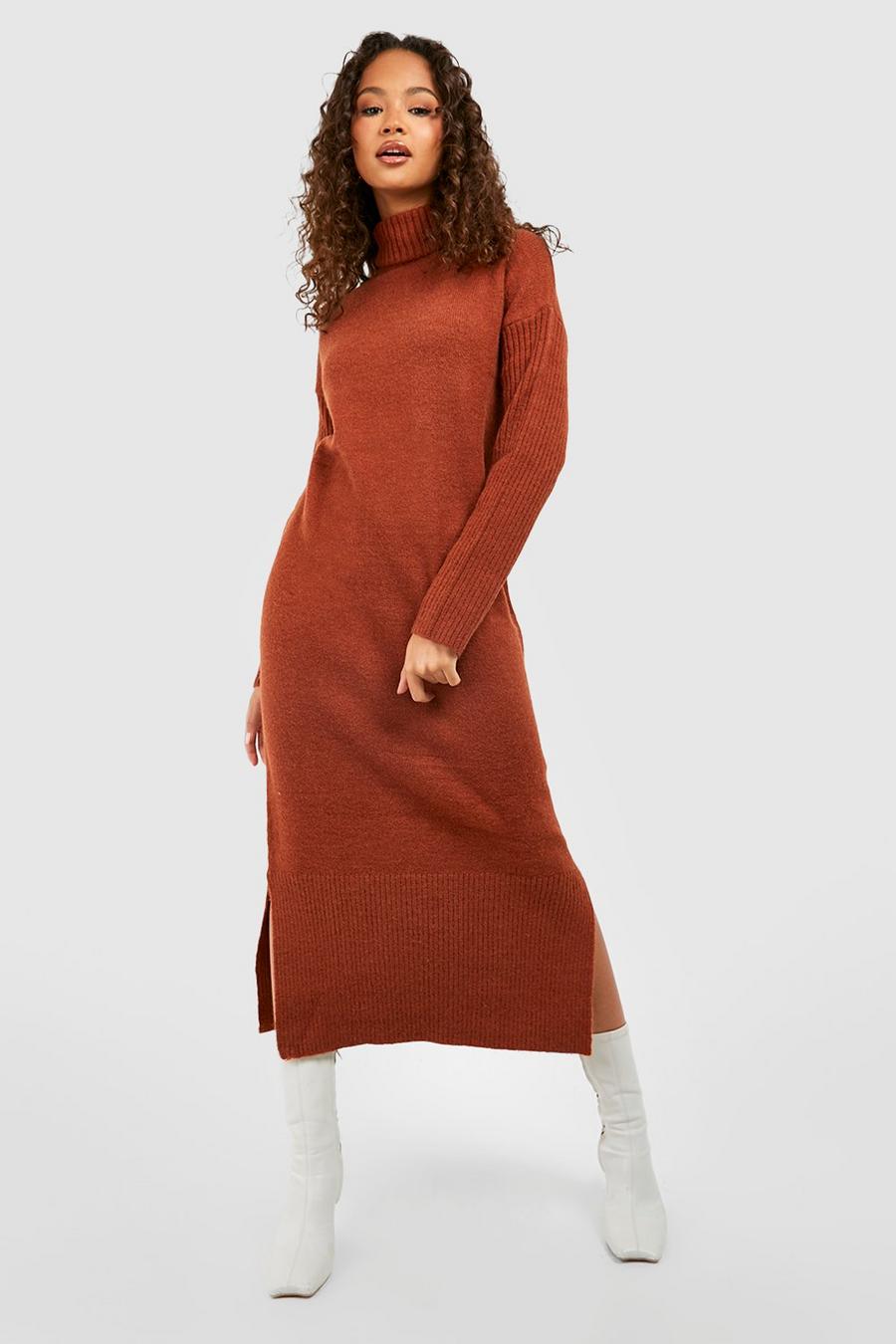 Rust Roll Neck Mixed Stitch Knitted Midaxi Dress image number 1