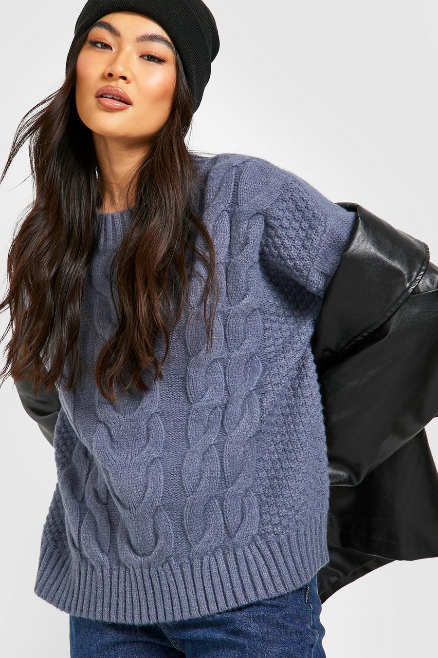Blue Chunky Cable Knit Crew Neck Jumper image number 1