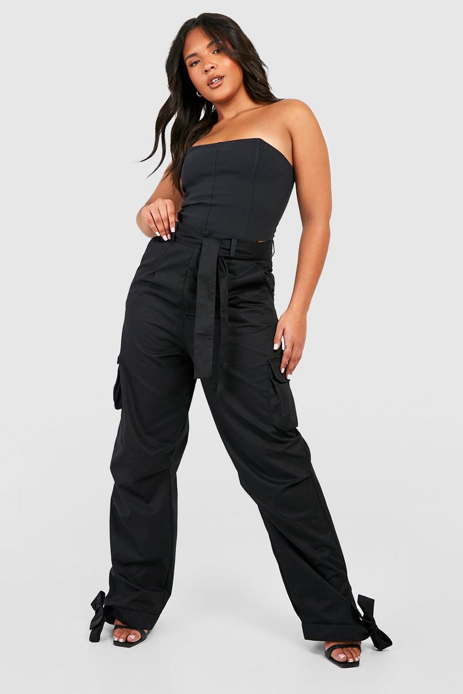 Womens Clothing Trousers Boohoo Lace Plus Tie Hem Slim Fit Cargo Trousers in Black Slacks and Chinos Cargo trousers Blue 