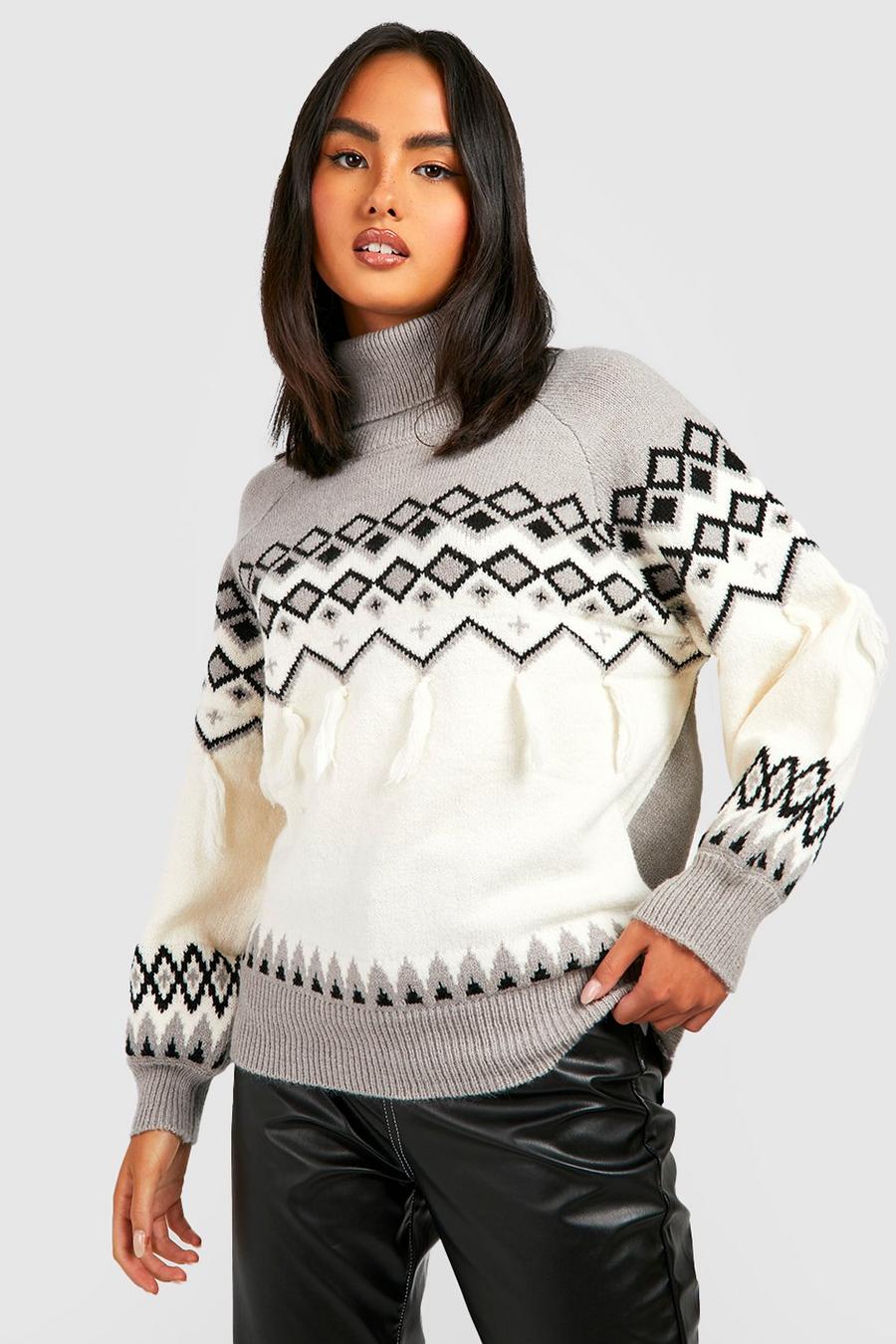 Cream Tassel Fairisle Turtleneck Sweater image number 1