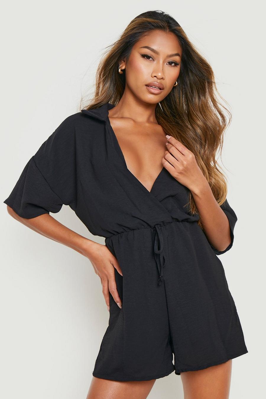 Black Woven Collared Playsuit image number 1