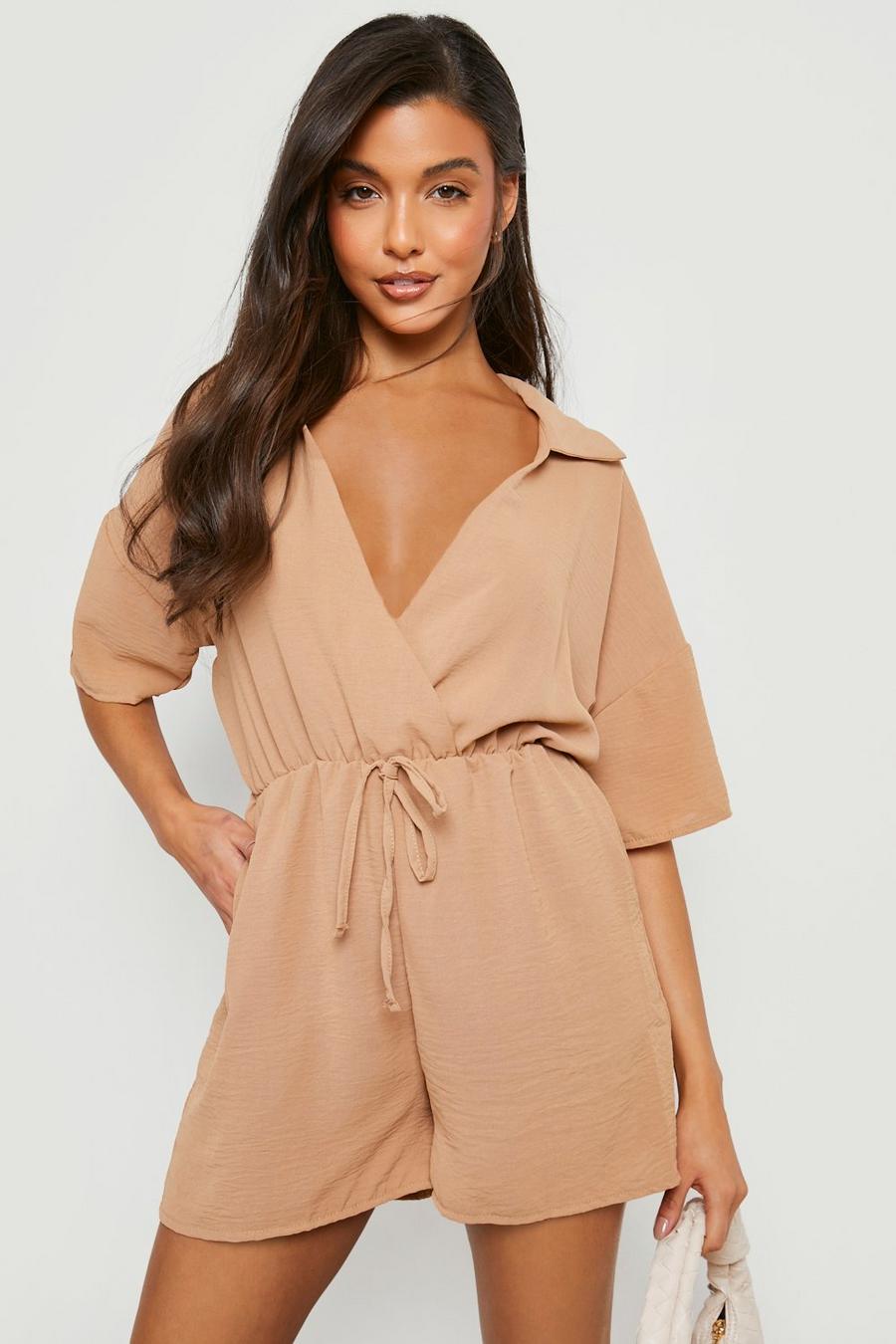Camel beige Woven Collared Playsuit