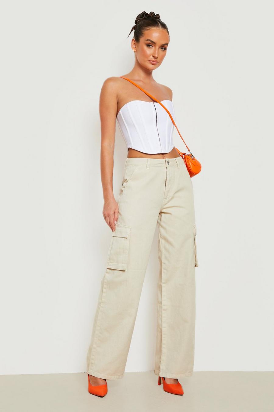 Sand Mid Rise Cargo Boyfriend Fit Jeans image number 1