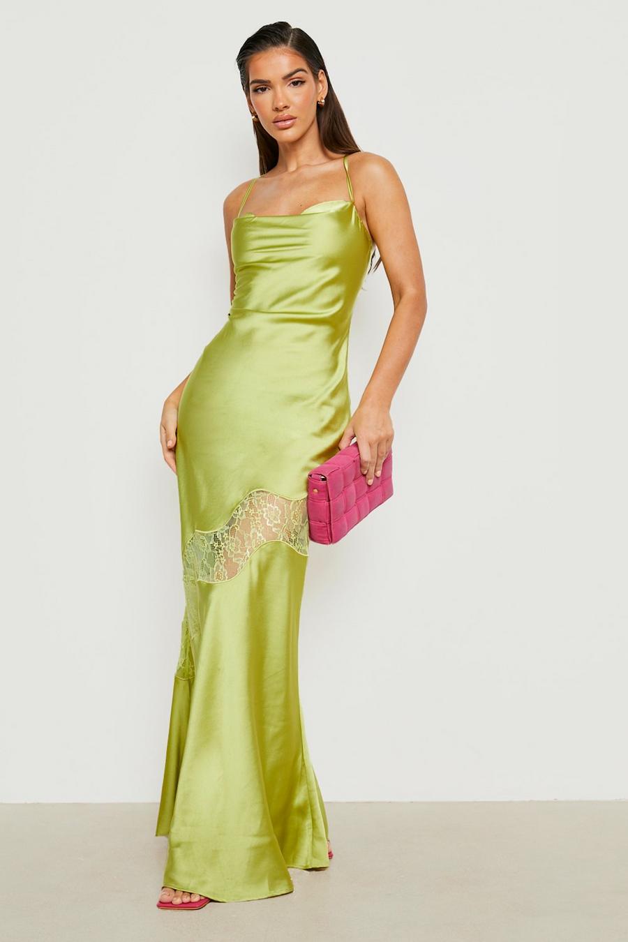 Chartreuse yellow Satin Lace Mix Maxi Dress