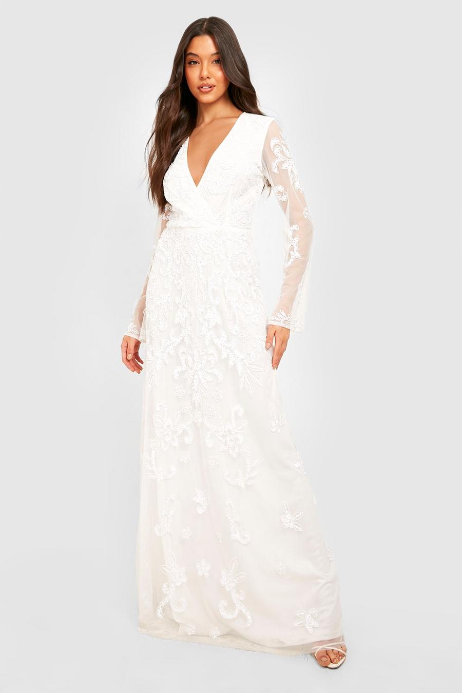 White Embellished Plunge Maxi Dress image number 1