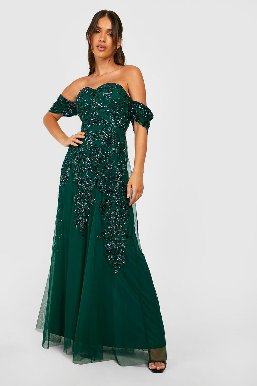 Emerald grön Embellished Bardot Maxi Dress