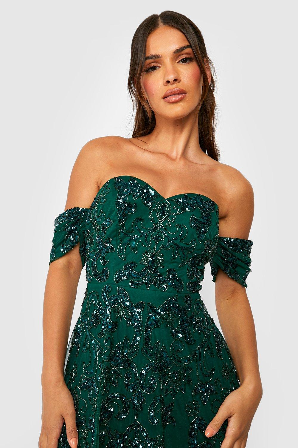 Green bardot store embellished maxi dress